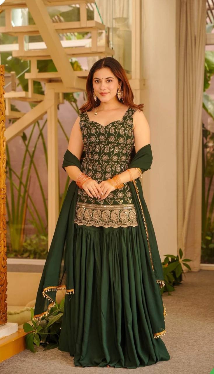 Deep Ruby Floral-Embroidered Silk Set